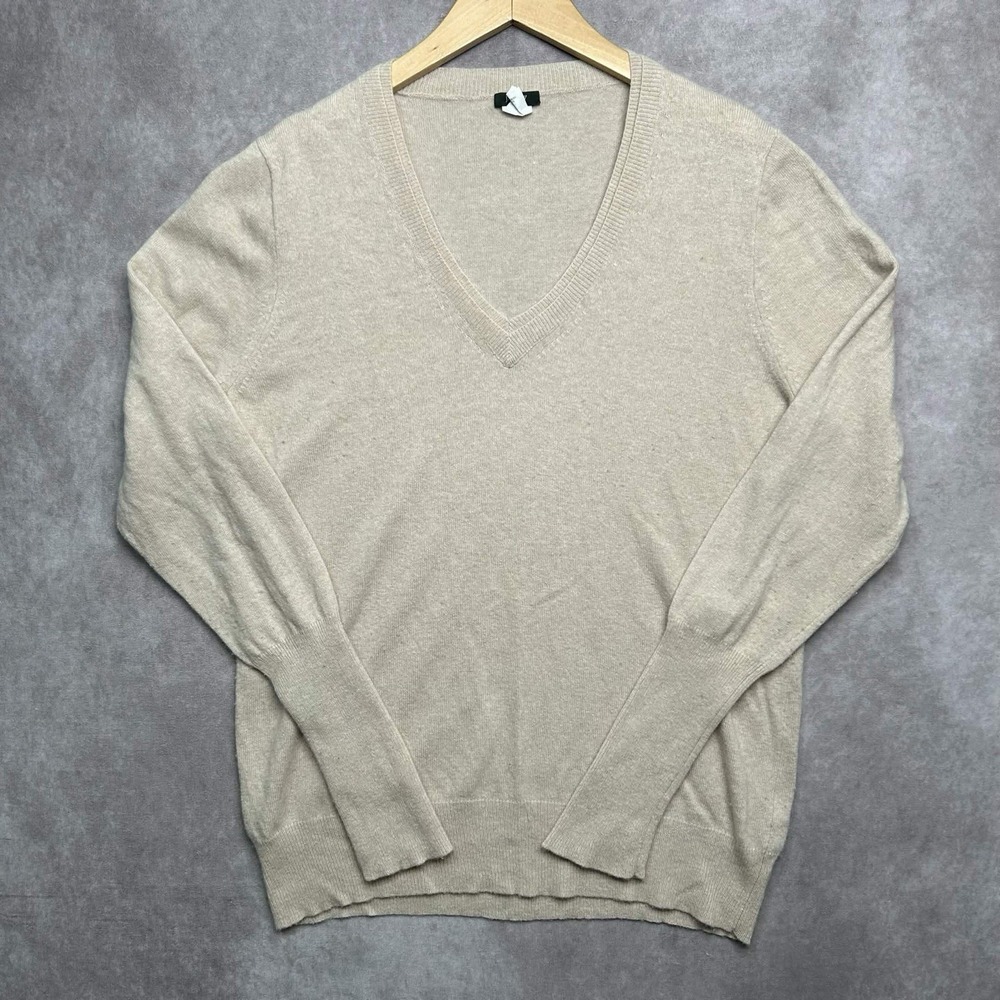 J Crew Women's Beige V Neck Long Sleeve Sweater with Cashmere Wool Size XL - Picture 1 of 5